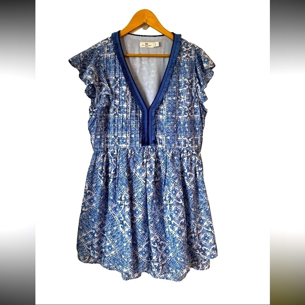 Vineyard Vines Cay Scarf Print blu&wht flttr slvs drss SZ L ocean coastal